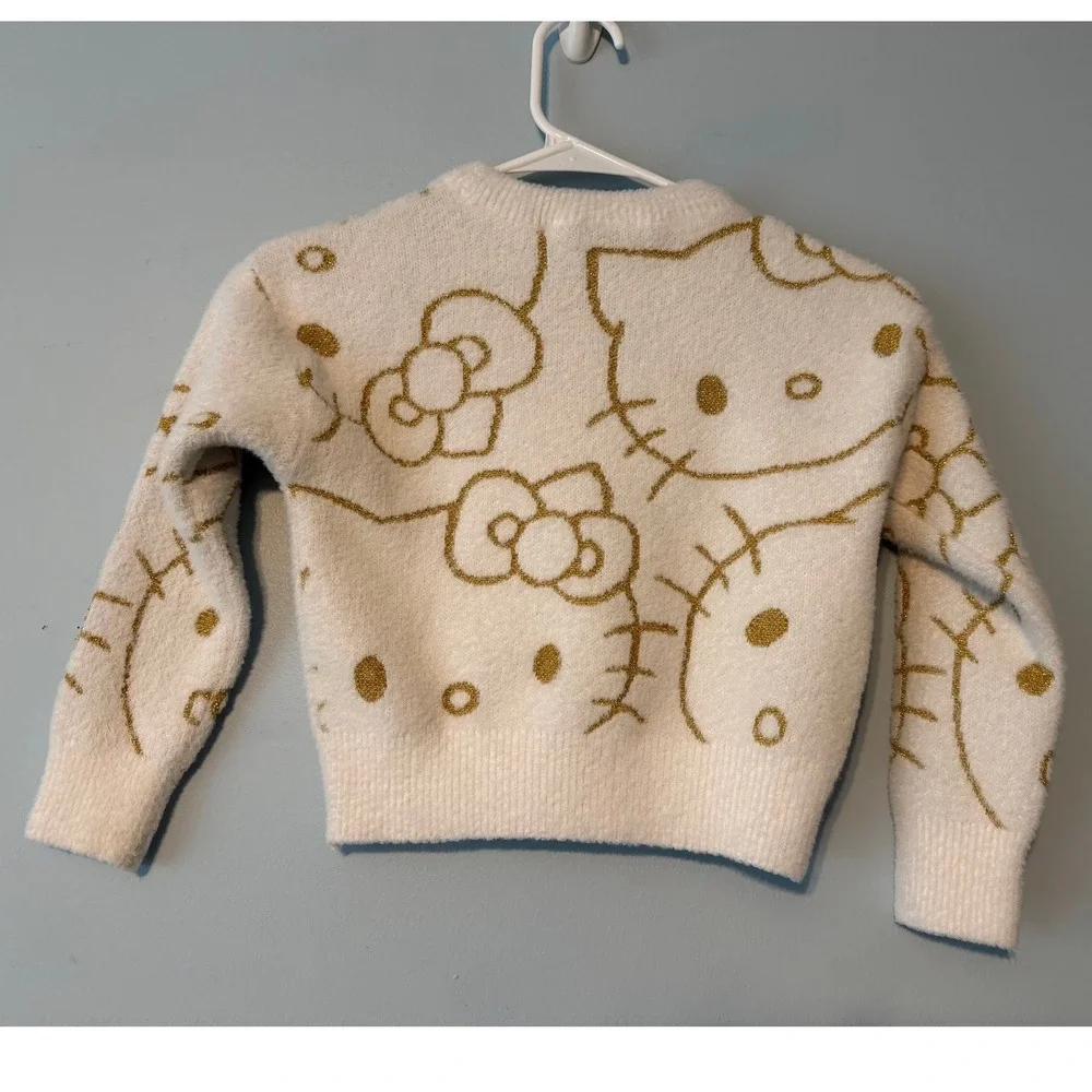 Hello Kitty Size XS 4/5 Sanrio Girls Cream Gold Metallic Fuzzy Knit Sweater 1991